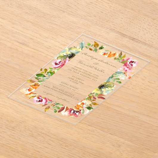 Kleurrijke Aquarel Bloemige Trouw Aardse Boho Acryl Uitnodigingen (Laagn)