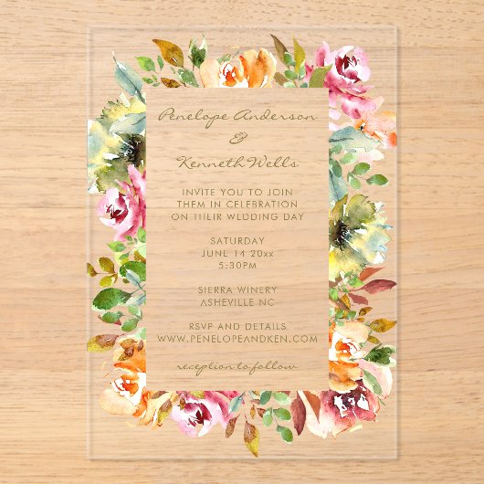 Kleurrijke Aquarel Bloemige Trouw Aardse Boho Acryl Uitnodigingen (Voorkant)