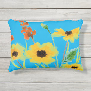 Kleurrijke aquarel gele bloemen op turquoise buitenkussen