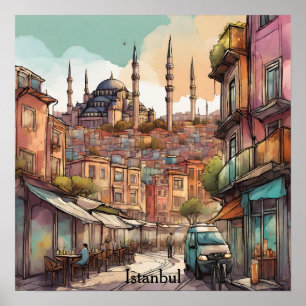 Kleurrijke Aquarel Istanbul Silhouet Poster