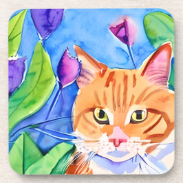 Kleurrijke Aquarel Kunst | Oranje Kat en Bloemen Bier Onderzetter