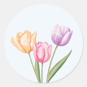 Kleurrijke Aquarel Tulpen Op Lichtblauw Ronde Sticker