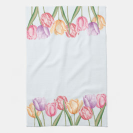 Kleurrijke Aquarel Tulpen Op Lichtblauw Theedoek