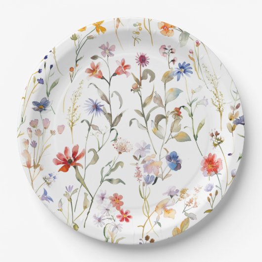 Kleurrijke aquarel wilde bloem papieren bordje (Voorkant)