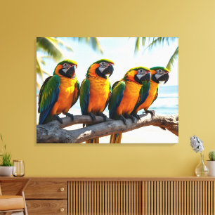 Kleurrijke Ara Papegaaien Door Strand Vogel Kunst Canvas Afdruk