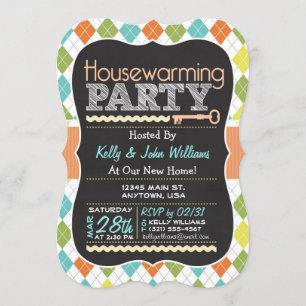 Kleurrijke Argyle; Chalkboard Housewarming Party Kaart