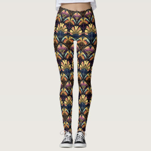 Kleurrijke Art Deco-geïnspireerde fan patroon Leggings
