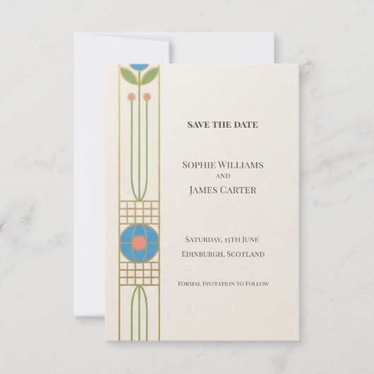 Kleurrijke Art Deco Save The Date (Voorkant)