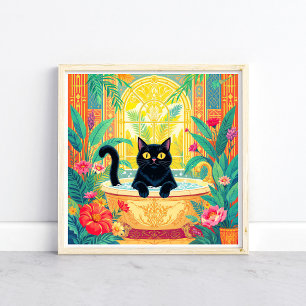 Kleurrijke Art Deco Zwarte Kat in Badkuip Poster