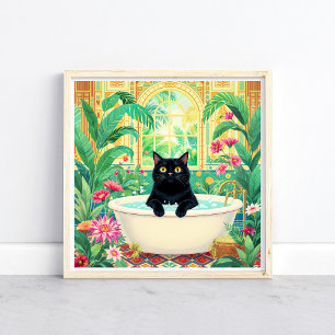 Kleurrijke Art Deco Zwarte Kat in Badkuip Poster