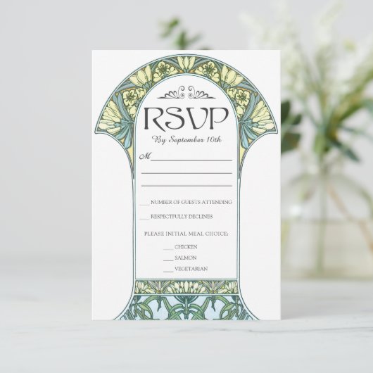 Kleurrijke Art Nouveau bruiloft RSVP Kaarten (Set  (Staand voorkant)