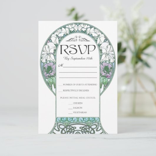 Kleurrijke Art Nouveau bruiloft RSVP Kaarten (Set  (Staand voorkant)