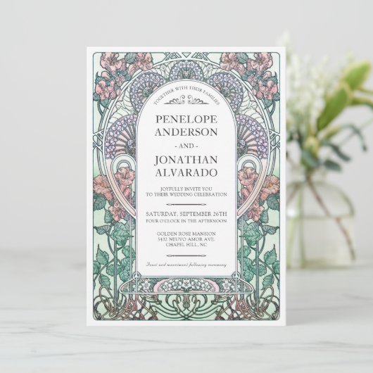 Kleurrijke Art Nouveau bruiloft uitnodigingen (set (Staand voorkant)