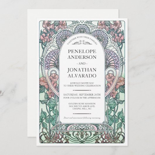 Kleurrijke Art Nouveau bruiloft uitnodigingen (set (Voorkant / Achterkant)
