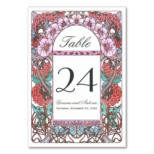 Kleurrijke Art Nouveau Vintage Trouwtafel Nummers Kaart (Voorkant)