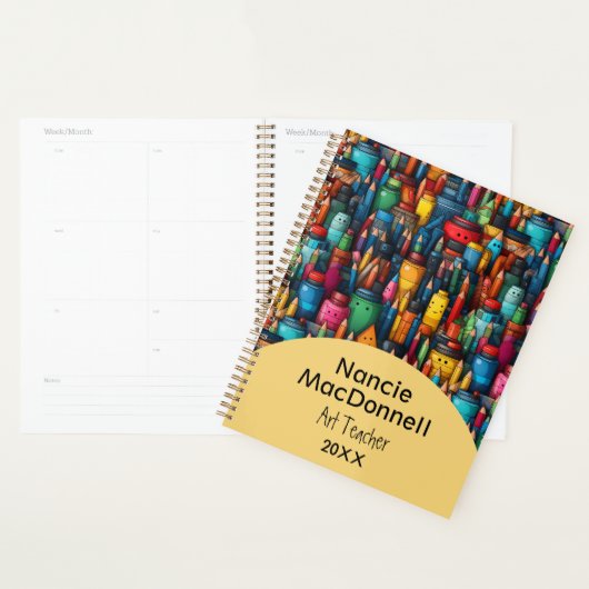 Kleurrijke Art Teacher Cartoon Crayon Pen Pattern Planner (Display)