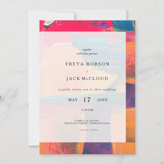 Kleurrijke artistieke bruiloft uitnodiging alles i (Voorkant)