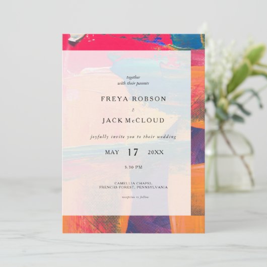 Kleurrijke artistieke bruiloft uitnodiging alles i (Staand voorkant)