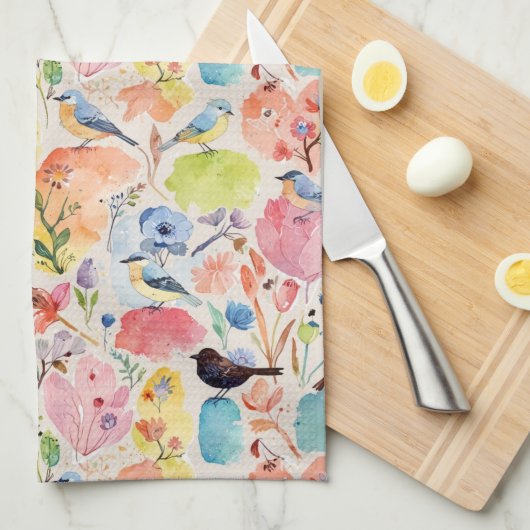 Kleurrijke Arty Birds and Flowers Waterverf Theedoek (Quarter Fold)