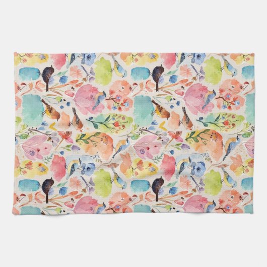 Kleurrijke Arty Birds and Flowers Waterverf Theedoek (Horizontaal)
