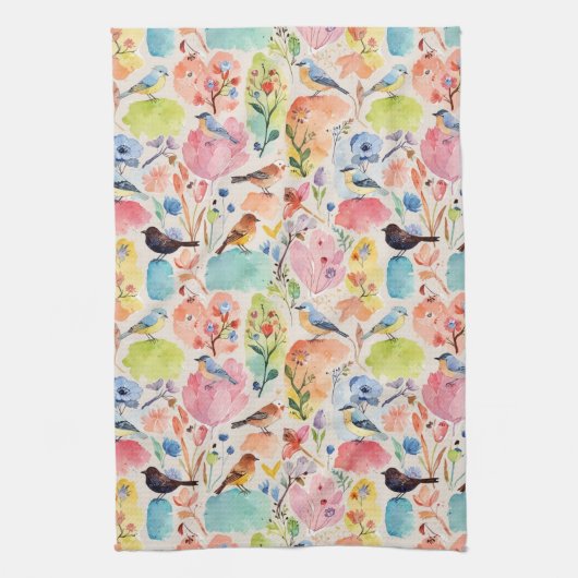Kleurrijke Arty Birds and Flowers Waterverf Theedoek (Verticaal)