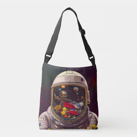Kleurrijke astronaut in ruimte met bloemen | crossbody tas (Voorkant)