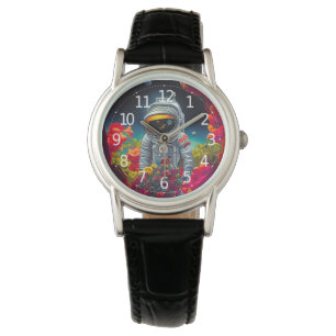 Kleurrijke astronaut in ruimte met bloemen   horloge