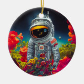 Kleurrijke astronaut in ruimte met bloemen | keramisch ornament (Voorkant)
