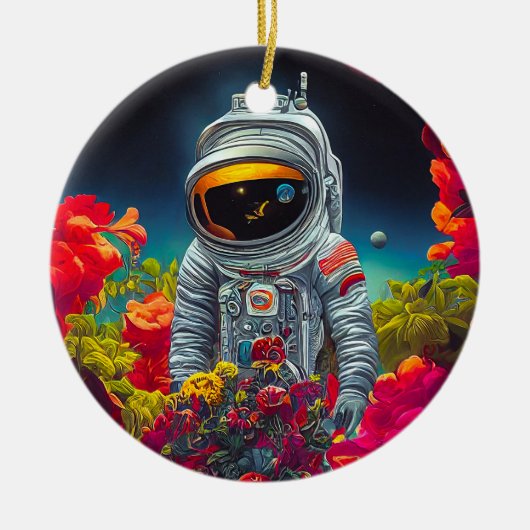 Kleurrijke astronaut in ruimte met bloemen | keramisch ornament (Voorkant)
