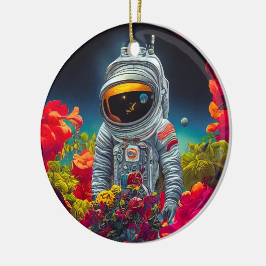Kleurrijke astronaut in ruimte met bloemen | keramisch ornament (Links)
