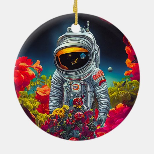 Kleurrijke astronaut in ruimte met bloemen | keramisch ornament (Achterkant)