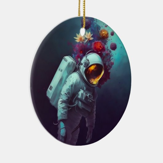 Kleurrijke astronaut in ruimte met bloemen | keramisch ornament (Rechts)