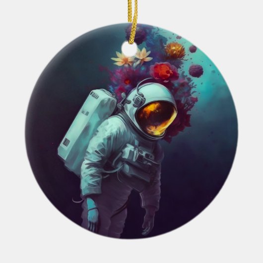 Kleurrijke astronaut in ruimte met bloemen | keramisch ornament (Voorkant)