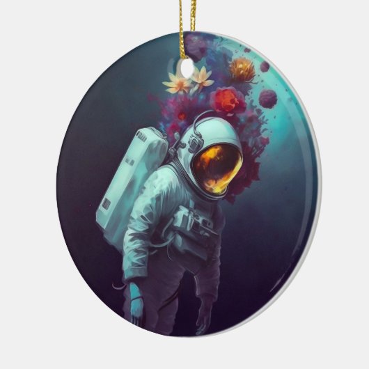 Kleurrijke astronaut in ruimte met bloemen | keramisch ornament (Links)