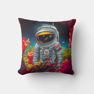 Kleurrijke astronaut in ruimte met bloemen kussen