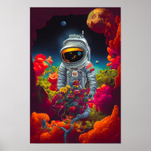 Kleurrijke astronaut in ruimte met bloemen   poster