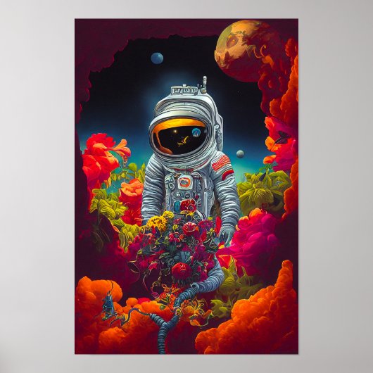 Kleurrijke astronaut in ruimte met bloemen | poster (Voorkant)