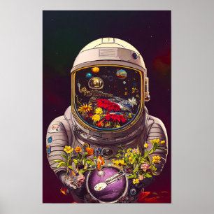 Kleurrijke astronaut in ruimte met bloemen   poster