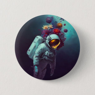 Kleurrijke astronaut in ruimte met bloemen   ronde button 5,7 cm
