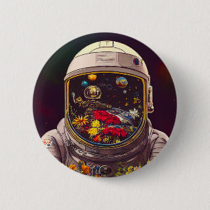 Kleurrijke astronaut in ruimte met bloemen   ronde button 5,7 cm
