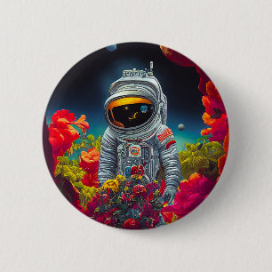 Kleurrijke astronaut in ruimte met bloemen   ronde button 5,7 cm