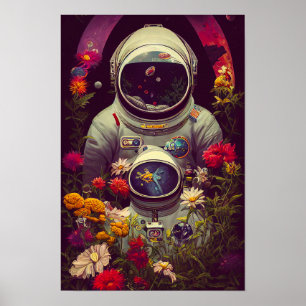 Kleurrijke astronauten in de ruimte met bloemen ku poster