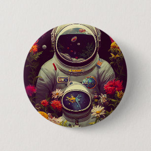 Kleurrijke astronauten in de ruimte met bloemen ronde button 5,7 cm