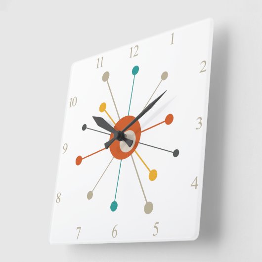 Kleurrijke Atomic Age Starburst Nummers Mid Centur Vierkante Klok (Hoek)