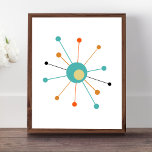 Kleurrijke atoomstartbarst midden eeuw modern poster<br><div class="desc">Dit kleurrijke moderne poster uit het midden van de eeuw kenmerkt een atomaire uitbarsting in blauwgroen blauw,  twee tinten van oranje,  crèmegeel en zwart. Zo leuk!</div>