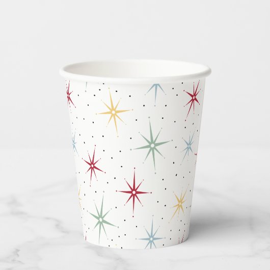 Kleurrijke atoomstartbarst uit het midden van de e papieren bekers (Achterkant)