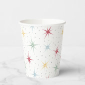 Kleurrijke atoomstartbarst uit het midden van de e papieren bekers (Links)