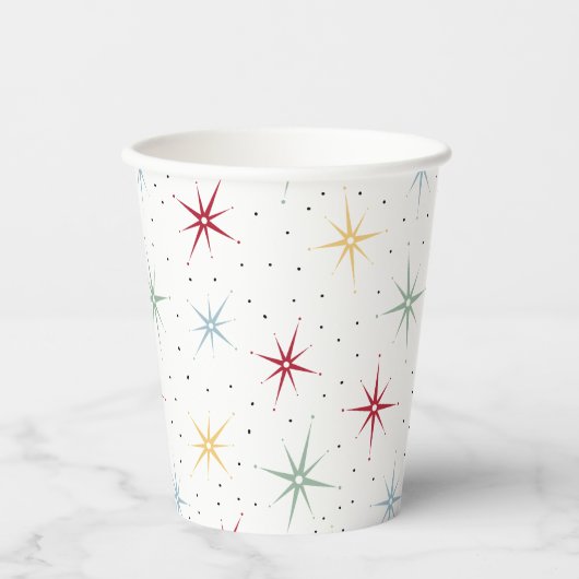 Kleurrijke atoomstartbarst uit het midden van de e papieren bekers (Voorkant)