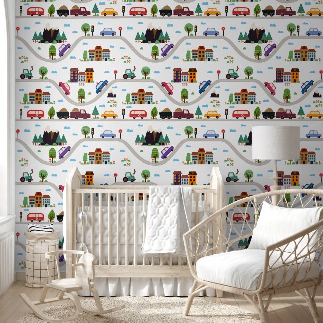 Kleurrijke auto's en steden Kinderen Behang (Kinderen)