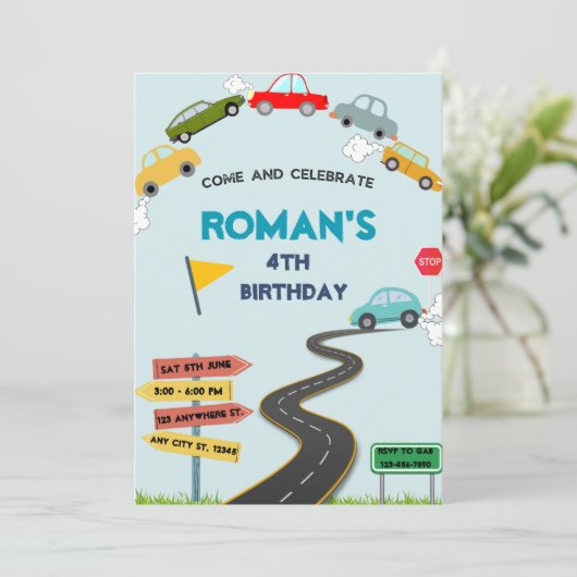 Kleurrijke auto's verjaardagsuitnodiging feestdagenkaart (Staand voorkant)